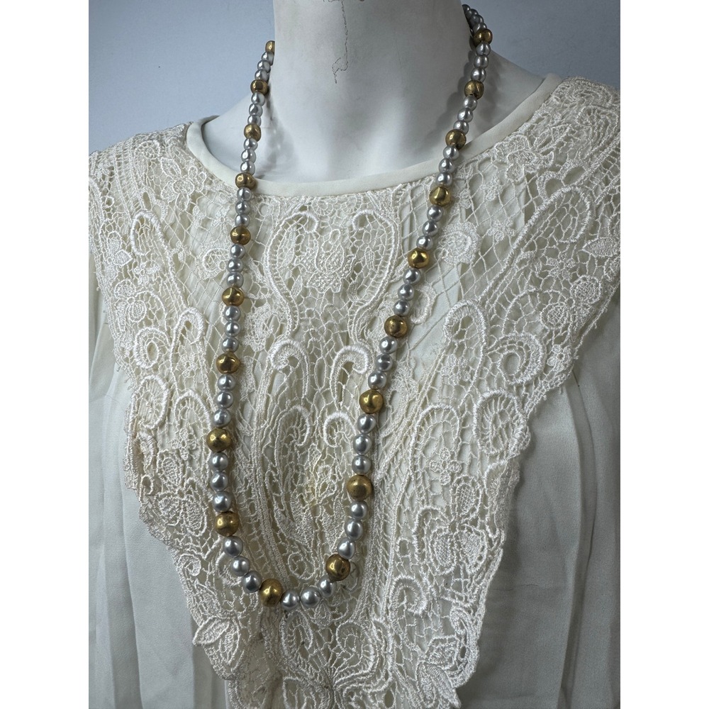 Napier Vintage Faux Pearl Gold Silver Tone Beaded Necklace Long 30 Inch Clasp